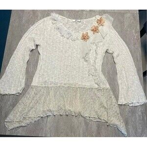 Zba Sz M Y2K white sweater bell sleeve soft girl ballet flower applique pastel